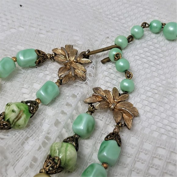 Vintage Double Strand Choker Mint Green Goldtone Necklace - Picture 6 of 8